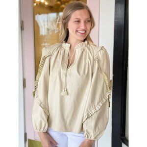 KARLIE Women's Ruffle Sleeve Top Size Small Oversized Faux Leather /Tassel Cream